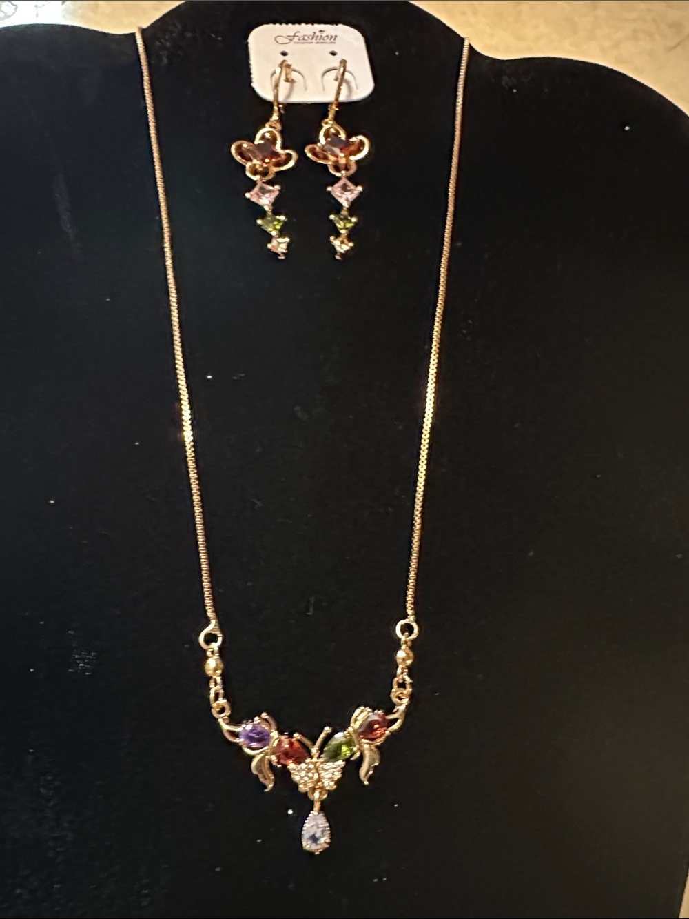 Gold-tone Multicolor Crystal Floral Necklace and Earrings Set
